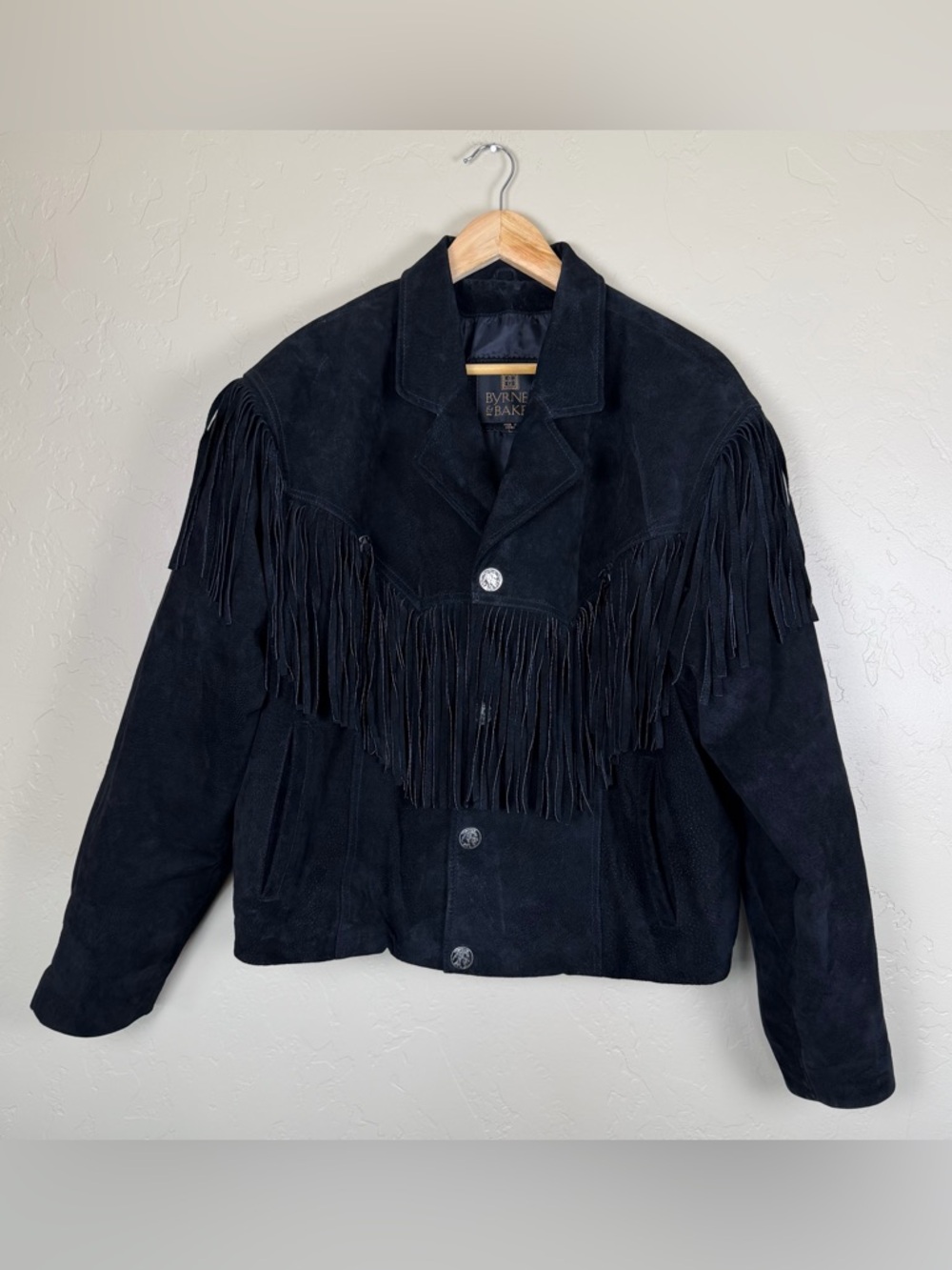 Vintage Byrnes & Baker Black Suede Leather Fringe Concho Jacket Women's Size S - Picture 2 of 7